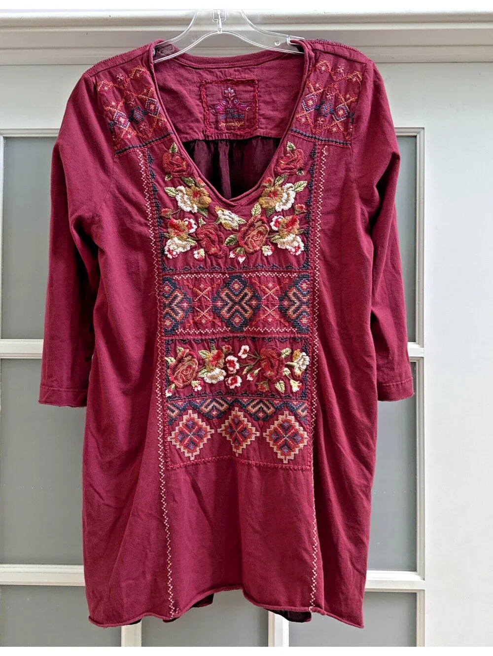 Johnny Was JWLA Boho Floral Embroidered Cotton Polyester 3/4 Sleeve Tunic Top L